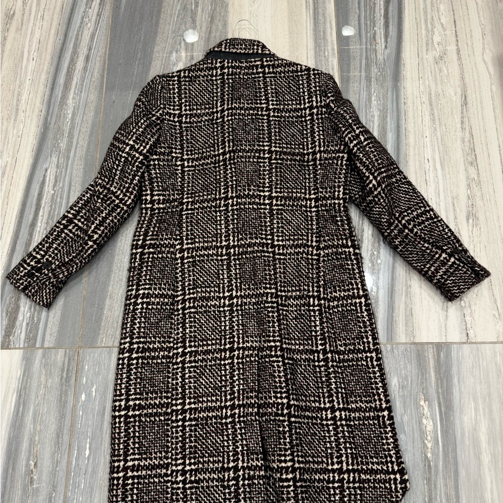 Black and White Wool Blend Pea Coat with Plaid Design - Picture 2 of 4